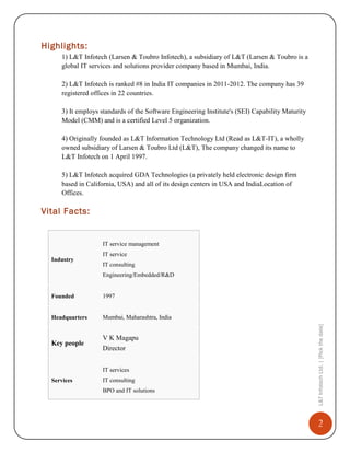 Highlights:
1) L&T Infotech (Larsen & Toubro Infotech), a subsidiary of L&T (Larsen & Toubro is a
global IT services and solutions provider company based in Mumbai, India.
2) L&T Infotech is ranked #8 in India IT companies in 2011-2012. The company has 39
registered offices in 22 countries.
3) It employs standards of the Software Engineering Institute's (SEI) Capability Maturity
Model (CMM) and is a certified Level 5 organization.
4) Originally founded as L&T Information Technology Ltd (Read as L&T-IT), a wholly
owned subsidiary of Larsen & Toubro Ltd (L&T), The company changed its name to
L&T Infotech on 1 April 1997.
5) L&T Infotech acquired GDA Technologies (a privately held electronic design firm
based in California, USA) and all of its design centers in USA and IndiaLocation of
Offices.

Vital Facts:

IT service management
Industry

IT service
IT consulting
Engineering/Embedded/R&D

1997

Headquarters

Mumbai, Maharashtra, India

Key people

V K Magapu
Director
IT services

Services

IT consulting
BPO and IT solutions

L&T Infotech Ltd. | [Pick the date]

Founded

2

 