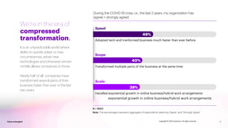 2
Value untangled 2
Value untangled Copyright © 2022 Accenture. All rights reserved.
It is an unpredictable world where
ability to quickly adapt to new
circumstances, adopt new
technologies and otherwise remain
nimble allows companies to thrive.
Nearly half of all companies have
transformed several parts of their
business faster than ever in the last
two years.
We’re in the era of
compressed
transformation.
exponential growth in online business/hybrid work arrangements
 