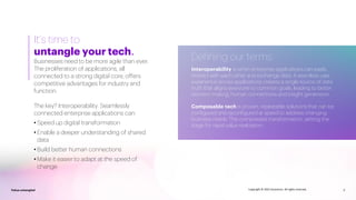 3
Value untangled 3
Value untangled Copyright © 2022 Accenture. All rights reserved.
It’s time to
untangle your tech.
Businesses need to be more agile than ever.
The proliferation of applications, all
connected to a strong digital core, offers
competitive advantages for industry and
function.
The key? Interoperability. Seamlessly
connected enterprise applications can:
• Speed up digital transformation
• Enable a deeper understanding of shared
data
• Build better human connections
• Make it easier to adapt at the speed of
change
Defining our terms:
Interoperability is when enterprise applications can easily
interact with each other and exchange data. A seamless user
experience across applications creates a single source of data
truth that aligns everyone to common goals, leading to better
decision making, human connections and insight generation.
Composable tech is proven, repeatable solutions that can be
configured and reconfigured at speed to address changing
business needs. This compresses transformation, setting the
stage for rapid value realization.
 