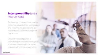 4
Value untangled 4
Value untangled Copyright © 2022 Accenture. All rights reserved.
Interoperability isn’t a
new concept.
Technology changes have made it
easier for organizations to configure
and reconfigure applications as
needed without overhauling their
digital core.
One in three companies is
capitalizing on these technological
advances to untangle the value
trapped within their organization.
 