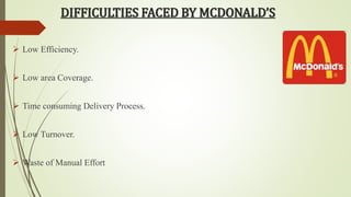 DIFFICULTIES FACED BY MCDONALD’S 
 Low Efficiency. 
 Low area Coverage. 
 Time consuming Delivery Process. 
 Low Turnover. 
 Waste of Manual Effort 
 