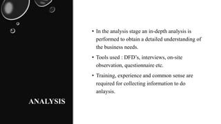 ANALYSIS
• In the analysis stage an in-depth analysis is
performed to obtain a detailed understanding of
the business needs.
• Tools used : DFD’s, interviews, on-site
observation, questionnaire etc.
• Training, experience and common sense are
required for collecting information to do
anlaysis.
 