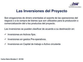 Carlos Mario Morales C 2015©
Las Inversiones del Proyecto
Son erogaciones de dinero orientadas al soporte de las operaciones del
negocio o a la compra de bienes que son utilizados para la producción o
comercialización del o los productos del proyecto.
Las inversiones se pueden clasificar de acuerdo a su destinación en:
 Inversiones en Activos fijos.
 Inversiones en gastos Pre-operativos.
 Inversiones en Capital de trabajo o Activo circulante
 