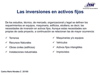 Carlos Mario Morales C 2015©
Las inversiones en activos fijos
De los estudios, técnico, de mercado, organizacional y legal se definen los
requerimientos en equipos, maquinaria, edificios, etcétera; es decir, las
necesidades de inversión en activos fijos. Aunque estas necesidades son
propias de cada proyecto, a continuación se relacionan las de mayor ocurrencia:
 Terrenos
 Recursos Naturales
 Obras civiles (edificios)
 Instalaciones industriales
 Maquinarias y/o equipos
 Vehículos
 Activos fijos intangibles
 Imprevistos
 