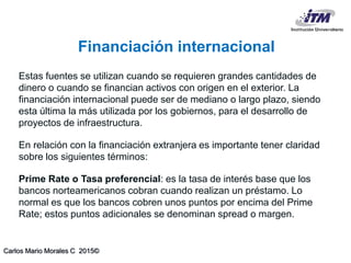 Carlos Mario Morales C 2015©
Estas fuentes se utilizan cuando se requieren grandes cantidades de
dinero o cuando se financian activos con origen en el exterior. La
financiación internacional puede ser de mediano o largo plazo, siendo
esta última la más utilizada por los gobiernos, para el desarrollo de
proyectos de infraestructura.
En relación con la financiación extranjera es importante tener claridad
sobre los siguientes términos:
Prime Rate o Tasa preferencial: es la tasa de interés base que los
bancos norteamericanos cobran cuando realizan un préstamo. Lo
normal es que los bancos cobren unos puntos por encima del Prime
Rate; estos puntos adicionales se denominan spread o margen.
Financiación internacional
 