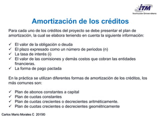 Carlos Mario Morales C 2015©
Amortización de los créditos
Para cada uno de los créditos del proyecto se debe presentar el plan de
amortización, la cual se elabora teniendo en cuenta la siguiente información:
 El valor de la obligación o deuda
 El plazo expresado como un número de periodos (n)
 La tasa de interés (i)
 El valor de las comisiones y demás costos que cobran las entidades
financieras.
 La forma de pago pactada
En la práctica se utilizan diferentes formas de amortización de los créditos, los
más comunes son:
 Plan de abonos constantes a capital
 Plan de cuotas constantes
 Plan de cuotas crecientes o decrecientes aritméticamente.
 Plan de cuotas crecientes o decrecientes geométricamente
 