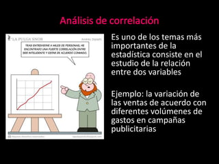 Es uno de los temas más
importantes de la
estadística consiste en el
estudio de la relación
entre dos variables
Ejemplo: la variación de
las ventas de acuerdo con
diferentes volúmenes de
gastos en campañas
publicitarias
 