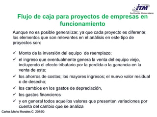 Carlos Mario Morales C 2015©
Aunque no es posible generalizar, ya que cada proyecto es diferente;
los elementos que son relevantes en el análisis en este tipo de
proyectos son:
 Monto de la inversión del equipo de reemplazo;
 el ingreso que eventualmente genera la venta del equipo viejo,
incluyendo el efecto tributario por la perdida o la ganancia en la
venta de este;
 los ahorros de costos; los mayores ingresos; el nuevo valor residual
o de desecho;
 los cambios en los gastos de depreciación,
 los gastos financieros
 y en general todos aquellos valores que presenten variaciones por
cuenta del cambio que se analiza
Flujo de caja para proyectos de empresas en
funcionamiento
 