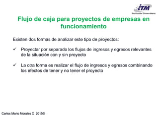 Carlos Mario Morales C 2015©
Existen dos formas de analizar este tipo de proyectos:
 Proyectar por separado los flujos de ingresos y egresos relevantes
de la situación con y sin proyecto
 La otra forma es realizar el flujo de ingresos y egresos combinando
los efectos de tener y no tener el proyecto
Flujo de caja para proyectos de empresas en
funcionamiento
 