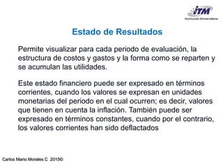 Carlos Mario Morales C 2015©
Permite visualizar para cada periodo de evaluación, la
estructura de costos y gastos y la forma como se reparten y
se acumulan las utilidades.
Este estado financiero puede ser expresado en términos
corrientes, cuando los valores se expresan en unidades
monetarias del periodo en el cual ocurren; es decir, valores
que tienen en cuenta la inflación. También puede ser
expresado en términos constantes, cuando por el contrario,
los valores corrientes han sido deflactados
Estado de Resultados
 