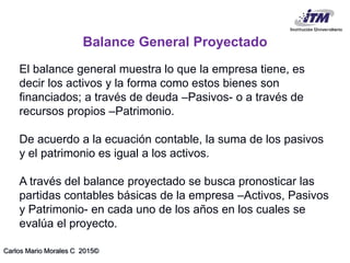 Carlos Mario Morales C 2015©
El balance general muestra lo que la empresa tiene, es
decir los activos y la forma como estos bienes son
financiados; a través de deuda –Pasivos- o a través de
recursos propios –Patrimonio.
De acuerdo a la ecuación contable, la suma de los pasivos
y el patrimonio es igual a los activos.
A través del balance proyectado se busca pronosticar las
partidas contables básicas de la empresa –Activos, Pasivos
y Patrimonio- en cada uno de los años en los cuales se
evalúa el proyecto.
Balance General Proyectado
 