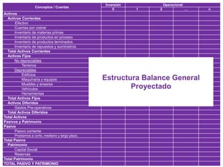 Carlos Mario Morales C 2015©
Conceptos / Cuentas
Inversión Operacional
0 1 2 … n
Activos
Activos Corrientes
Efectivo
Cuentas por cobrar
Inventario de materias primas
Inventario de productos en proceso
Inventario de productos terminados
Inventario de repuestos y suministros
Total Activos Corrientes
Activos Fijos
No depreciables
Terrenos
Depreciables
Edificios
Maquinaria y equipos
Muebles y enseres
Vehículos
Herramientas
Total Activos Fijos
Activos Diferidos
Gastos Pre-operativos
Total Activos Diferidos
Total Activos
Pasivos y Patrimonio
Pasivo
Pasivo corriente
Prestamos a corto, mediano y largo plazo.
Total Pasivo
Patrimonio
Capital Social
Reservas
Total Patrimonio
TOTAL PASIVO Y PATRIMONIO
Estructura Balance General
Proyectado
 