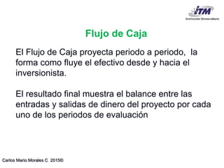Carlos Mario Morales C 2015©
El Flujo de Caja proyecta periodo a periodo, la
forma como fluye el efectivo desde y hacia el
inversionista.
El resultado final muestra el balance entre las
entradas y salidas de dinero del proyecto por cada
uno de los periodos de evaluación
Flujo de Caja
 