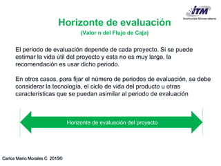 Carlos Mario Morales C 2015©
El periodo de evaluación depende de cada proyecto. Si se puede
estimar la vida útil del proyecto y esta no es muy larga, la
recomendación es usar dicho periodo.
En otros casos, para fijar el número de periodos de evaluación, se debe
considerar la tecnología, el ciclo de vida del producto u otras
características que se puedan asimilar al periodo de evaluación
Horizonte de evaluación
(Valor n del Flujo de Caja)
Horizonte de evaluación del proyecto
 