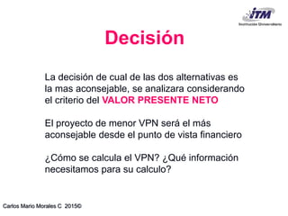 Carlos Mario Morales C 2015©
Decisión
La decisión de cual de las dos alternativas es
la mas aconsejable, se analizara considerando
el criterio del VALOR PRESENTE NETO
El proyecto de menor VPN será el más
aconsejable desde el punto de vista financiero
¿Cómo se calcula el VPN? ¿Qué información
necesitamos para su calculo?
 
