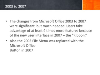 2003 to 2007
• The changes from Microsoft Office 2003 to 2007
were significant, but much needed. Users take
advantage of at least 4 times more features because
of the new user interface in 2007 – the “Ribbon.”
• Also the 2003 File Menu was replaced with the
Microsoft Office
Button in 2007
 
