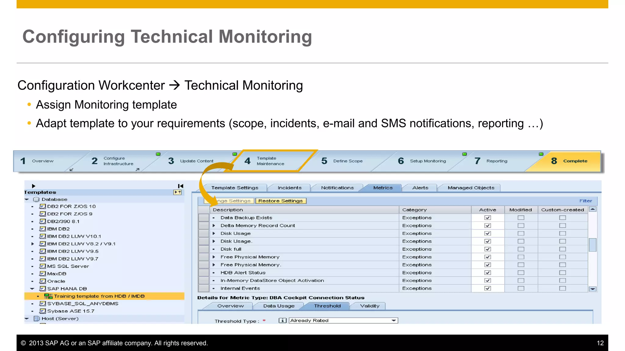 Configuring Technical Monitoring 
Configuration Workcenter  Technical Monitoring 
 Assign Monitoring template 
 Adapt template to your requirements (scope, incidents, e-mail and SMS notifications, reporting …) 
© 2013 SAP AG or an SAP affiliate company. All rights reserved. 12 
 