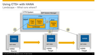 SAP Solution Manager 
CTS+ 
Using CTS+ with HANA 
Landscape – What runs where? 
CTS System 
ABAP Java 
Orga-nizer 
Deploy 
Client 
Landscape 
Deploy 
WS 
3 
1 
HANA 
SAP HANA 
HANA 
Source 
4 
2 
HANA 
SAP HANA 
HANA 
Target 
HANA 
SAP HANA 
HANA 
Target 
© 2013 SAP AG or an SAP affiliate company. All rights reserved. 41 
 