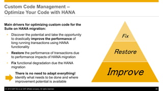 Custom Code Management – 
Optimize Your Code with HANA 
Main drivers for optimizing custom code for the 
Suite on HANA migration: 
• Discover the potential and take the opportunity 
to drastically improve the performance of 
long running transactions using HANA 
functionality 
• Restore the performance of transactions due 
to performance impacts of HANA migration 
• Fix functional degradation due the HANA 
migration 
Fix 
Restore 
Improve There is no need to adapt everything! 
Identify what needs to be done and where 
improvement potential is available 
© 2013 SAP AG or an SAP affiliate company. All rights reserved. 49 
 