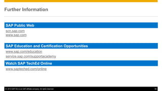 Further Information 
SAP Public Web 
scn.sap.com 
www.sap.com 
SAP Education and Certification Opportunities 
www.sap.com/education 
service.sap.com/supportacademy 
Watch SAP TechEd Online 
www.sapteched.com/online 
© 2013 SAP AG or an SAP affiliate company. All rights reserved. 56 
 