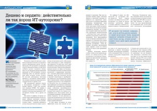 64 ÈÍÔÎÐÌÀÖÈÎÍÍÛÅ ÒÅÕÍÎËÎÃÈÈ ÄËß ÌÅÍÅÄÆÌÅÍÒÀ ¹ 4-5/2014
Компании сократили расходы с помо-
щью аутсорсинга и изо всех сил пытаются
извлечь максимальную выгоду. На пер-
вый взгляд, ИТ-аутсорсинг по-прежнему
остается привлекательным, но при более
глубоком анализе становится очевид-
ным, что по-прежнему распространенной
практикой по ИТ-аутсорсингу остается
невысокая цена, но качество выполня-
емых работ оставляет желать лучшего.
Но все-таки наблюдаются некоторые
просветы в аутсорсинге бизнес-процес-
сов, которые изначально нацелены на по-
лучение выгоды от данных услуг.
399 предприятий приняли участие
в исследовании аутсорсинга в США,
которое провела в 2013 году аудитор-
ская компания KPMG. На графике 1
показаны результаты исследования, вы-
явившего некоторое разочарование в ИТ-
аутсорсинге, больше, чем в других его
видах.
Как видно из графика, аутсорсинг до-
стигает своих первоначальных целей и по-
могает добиться некоторого прогресса
в получении бизнес-выгоды. Из положи-
тельных сторон – компании добиваются
успеха, когда дело касается затрат в дости-
жении поставленных целей, глобализации
своей деятельности и даже стандартиза-
ции процессов. В самом деле, всего одна
компания из семи недовольна полученны-
ми результатами. Также весьма обнадежи-
вающим является тот факт, что большин-
ство компаний достигают положительных
результатов в направлениях деятельно-
сти с высокой добавленной стоимостью,
например, таких как получение доступа
к высокой компетенции и преобразова-
ние процессов, хотя большинство компа-
ний в значительной степени показывают
скромные результаты в этих направлени-
ях. Исходя из того, что в основном заказ-
чики прибегают к аутсорсингу, изначально
поставив себе за основную цель снижение
затрат, глобальную масштабируемость
и стандартизацию процессов, компании
должны четко донести эти задачи до по-
ставщиков услуг. Тем не менее, могут ли
сегодняшние компании с большими амби-
циями утверждать, что они довольны до-
стигнутым положением дел, или они хотят
добиться лучших результатов и стремятся
выйти за рамки обычного?
В тоже время, аутсорсинг не очень
эффективен, когда дело доходит до ин-
Изначально
ИТ-аутсорсинг
возник как
средство для
удешевления
рутинных
ИТ-операций.
Но всегда ли это
хорошо и нужно?
На эти вопросы
отвечает
Фил Фёршт,
основатель и
исполнительный
директор
HfS Research
Äåøåâî è ñåðäèòî: äåéñòâèòåëüíî
ëè òàê õîðîø ÈÒ-àóòñîðñèíã?
ÀÓÒÑÎÐÑÈÍÃ ИССЛЕДОВАНИЕ
65¹ 4-5/2014 ÈÍÔÎÐÌÀÖÈÎÍÍÛÅ ÒÅÕÍÎËÎÃÈÈ ÄËß ÌÅÍÅÄÆÌÅÍÒÀ
новаций и аналитики. При всем на-
гнетании шумихи вокруг «Больших
Данных» и аналитики, ключевые по-
требности для современных компа-
ний состоят в улучшении управления,
понимании, интерпретации своих
внутренних и внешних данных, по-
этому очень важно, чтобы аутсорсин-
говые обязательства давали заказчику
возможность получить эти улучше-
ния. Создание совместных аналитиче-
ских партнерских взаимоотношений
с клиентами будет иметь решающее
значение для будущего успеха и роста
аутсорсинга. Если фокусироваться
только на базовых возможностях аут-
сорсинга, то в конечном итоге можно
прийти к наименьшему общему зна-
менателю аутсорсинга – когда вы-
игрывает поставщик, предлагающий
самые дешевые услуги, но низкого
качества. В таком случае проигрывает
заказчик.
Давайте посмотрим немного
глубже, чтобы путем сравнения вы-
яснить, где обязательства по ИТ-
аутсорсингу и аутсорсингу бизнес-
процессов представляют реальную
эффективность для заказчиков
(см. график 2.).
Из графика 2 видно, что обя-
зательства по аутсорсингу биз-
нес-процессов будут гораздо
успешнее, чем обязательства по ИТ-
аутсорсингу, не только во многих
ключевых тактических сферах,
о которых заботятся клиенты (т.е.
затраты и процесс стандартизации),
но также и по стратегическим по-
казателям, а именно обоснование
больших аналитических возможно-
стей и инноваций. Итак, что же это
означает для будущего направления
аутсорсинга?
Если клиенты платят за деше-
вый ИТ-аутсорсинг, то они его
таким и получают.
Поскольку большинство круп-
ных компаний начали пользоваться
аутсорсинговыми услугами по адми-
нистрированию ИТ в 90-х (а некото-
рые даже раньше), то можно по-
лагать, что если предоставляемые
на сегодняшний день услуги явля-
ются результатом использования
в течение двух десятилетий, то, ско-
рее всего, не стоит ожидать особых
улучшений. Тем не менее, вероятно,
это произойдет, так как большин-
ство заказчиков в конечном итоге
получают то, что они ставили целью
достичь: «выгода» ИТ-услуг в таких
сферах, как техническая служба под-
держки, поддержка инфраструкту-
ИССЛЕДОВАНИЕ ÀÓÒÑÎÐÑÈÍÃ
Ý График 1. Инициативы аутсорсинга бизнес-процессов/ИТ-аутсорсинга для достижения бизнес-преимуществ
ÈÒ-àóòñîðñèíã ñòàë ïîëåçíîé «êîììóíàëü-
íîé» óñëóãîé äëÿ áîëüøèíñòâà êîìïàíèé,
â òî âðåìÿ êàê àóòñîðñèíã áèçíåñ-ïðîöåññîâ
ïðåäëàãàåò êîìïàíèÿì ïîòåíöèàë äëÿ ïîëó-
÷åíèÿ áèçíåñ-âûãîäû, êîòîðàÿ âûõîäèò
çà ðàìêè òîëüêî îäíîé çàäà÷è óìåíüøåíèÿ
ñòîèìîñòè
 