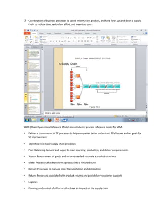  Coordination of business processes to speed information, product, and fund flows up and down a supply
  chain to reduce time, redundant effort, and inventory costs




SCOR (Chain Operations Reference Model)-cross industry process reference model for SCM.

•   Defines a common set of SC processes to help companies better understand SCM issues and set goals for
    SC improvement.

•   identifies five major supply chain processes:

•   Plan: Balancing demand and supply to meet sourcing, production, and delivery requirements

•   Source: Procurement of goods and services needed to create a product or service

•   Make: Processes that transform a product into a finished state

•   Deliver: Processes to manage order transportation and distribution

•   Return: Processes associated with product returns and post delivery customer support

•   Logistics:

•   Planning and control of all factors that have an impact on the supply chain
 