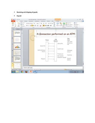    Receiving and shipping of goods-

   Payroll-
 