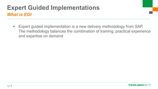 Expert Guided Implementations
What is EGI
 Expert guided implementation is a new delivery methodology from SAP.
The methodology balances the combination of training, practical experience
and expertise on demand
12
 