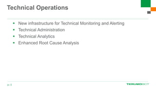 Technical Operations
31
 New infrastructure for Technical Monitoring and Alerting
 Technical Administration
 Technical Analytics
 Enhanced Root Cause Analysis
 