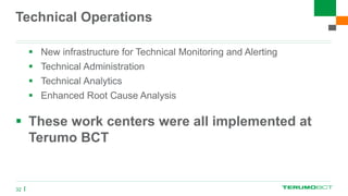 Technical Operations
32
 New infrastructure for Technical Monitoring and Alerting
 Technical Administration
 Technical Analytics
 Enhanced Root Cause Analysis
 These work centers were all implemented at
Terumo BCT
 