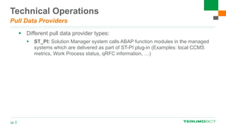 Technical Operations
Pull Data Providers
 Different pull data provider types:
 ST_PI: Solution Manager system calls ABAP function modules in the managed
systems which are delivered as part of ST-PI plug-in (Examples: local CCMS
metrics, Work Process status, qRFC information, …)
36
 