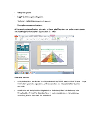•   Enterprise systems

•   Supply chain management systems

•   Customer relationship management systems

•   Knowledge management systems

All these enterprise applications integrates a related set of functions and business processes to
enhance the performance of the organization as a whole




Enterprise Systems

•   Enterprise systems, also known as enterprise resource planning (ERP) systems, provide a single
    information system for organization-wide coordination and integration of key business
    processes.

•   Information that was previously fragmented in different systems can seamlessly flow
    throughout the firm so that it can be shared by business processes in manufacturing,
    accounting, human resources, and other areas.
 
