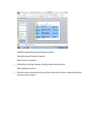 EXAMPLE of Manufacturing and Production Systems

    Manufacturing and Production Systems

    Major functions of systems:

•   Scheduling, purchasing, shipping, receiving, engineering, operations

    Major application systems:

•   Materials resource planning systems, purchase order control systems, engineering systems,
    Inventory control systems
 