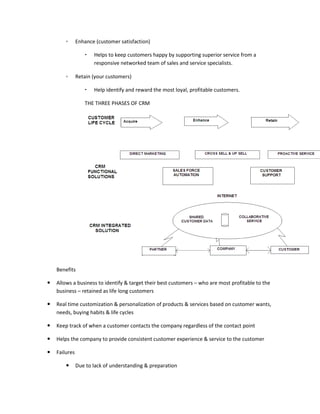 ◦      Enhance (customer satisfaction)

                     Helps to keep customers happy by supporting superior service from a
                      responsive networked team of sales and service specialists.

        ◦      Retain (your customers)

                     Help identify and reward the most loyal, profitable customers.

                  THE THREE PHASES OF CRM




    Benefits

   Allows a business to identify & target their best customers – who are most profitable to the
    business – retained as life long customers

   Real time customization & personalization of products & services based on customer wants,
    needs, buying habits & life cycles

   Keep track of when a customer contacts the company regardless of the contact point

   Helps the company to provide consistent customer experience & service to the customer

   Failures

              Due to lack of understanding & preparation
 