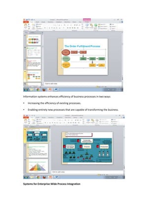 Information systems enhances efficiency of business processes in two ways:

•   Increasing the efficiency of existing processes.

•   Enabling entirely new processes that are capable of transforming the business.




Systems for Enterprise-Wide Process Integration
 