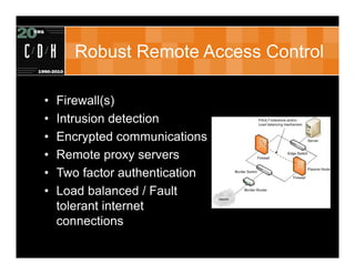 Robust Remote Access Control

•   Firewall(s)
•   Intrusion detection
•   Encrypted communications
•   Remote proxy server...