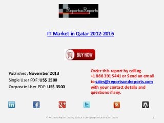 IT Market in Qatar 2012-2016

Published: November 2013
Single User PDF: US$ 2500
Corporate User PDF: US$ 3500

Order this report by calling
+1 888 391 5441 or Send an email
to sales@reportsandreports.com
with your contact details and
questions if any.

© ReportsnReports.com / Contact sales@reportsandreports.com

1

 