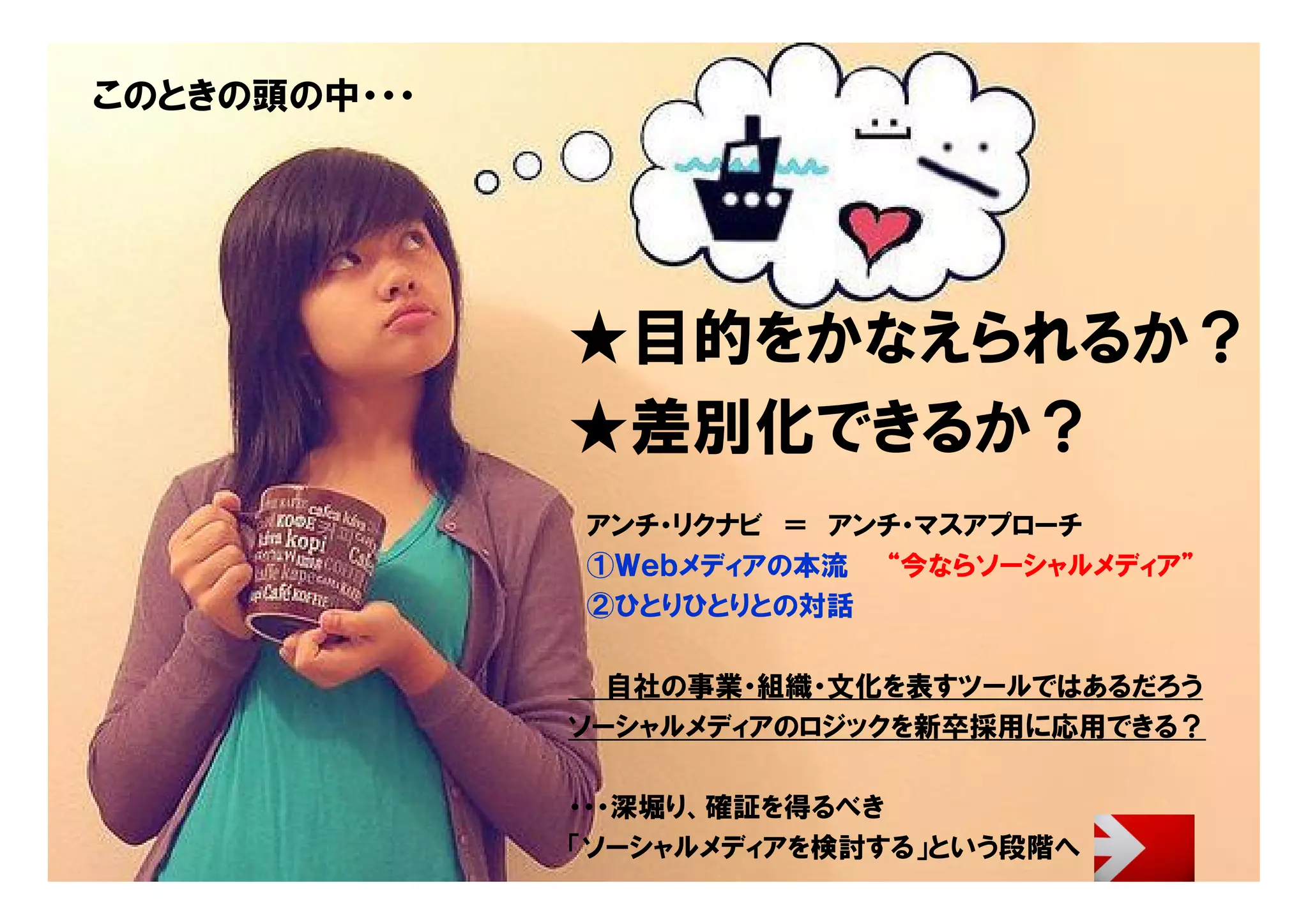 このときの頭の中・・・




              ★目的をかなえられるか？
              ★差別化できるか？
               アンチ・リクナビ ＝ アンチ・マスアプローチ
               ①Ｗｅｂメディアの本流 “今ならソーシャルメディア”
               ②ひとりひとりとの対話

                自社の事業・組織・文化を表すツールではあるだろう
              ソーシャルメディアのロジックを新卒採用に応用できる？

              ・・・深堀り、確証を得るべき
              「ソーシャルメディアを検討する」という段階へ 2005 ITmedia Inc.
                                 Copyright ©
 