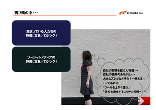 再び頭の中・・・



   集まっている人たちの
   特徴（文脈／ロジック）




    ソーシャルメディアの
   特徴（文脈／ロジック）

                 自社の将来を担う人物像・・・
                 自社の採用のありかた・・・
                 大きなズレがなさそう！→使える！
                 ・・・であれば、
                 「ツールを上手く使う」
                 「目的を達成する」ための段階へ・・・


                       Copyright © 2005 ITmedia Inc.
 