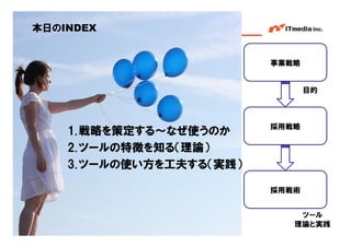 本日のINDEX


                          事業戦略


                                         目的



                          採用戦略
    1. 戦略を策定する～なぜ使うのか
    2. ツールの特徴を知る（理論）
    3. ツールの使い方を工夫する（実践）

                          採用戦術


                                             ツール
                                        理論と実践
                          Copyright © 2005 ITmedia Inc.
 