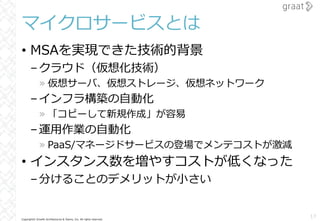 Copyright© Growth Architectures & Teams, Inc. All rights reserved.
マイクロサービスとは
• MSAを実現できた技術的背景
–クラウド（仮想化技術）
» 仮想サーバ、仮想ストレージ、仮想ネットワーク
–インフラ構築の⾃動化
» 「コピーして新規作成」が容易
–運⽤作業の⾃動化
» PaaS/マネージドサービスの登場でメンテコストが激減
• インスタンス数を増やすコストが低くなった
–分けることのデメリットが⼩さい
17
 
