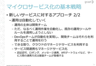 Copyright© Growth Architectures & Teams, Inc. All rights reserved.
マイクロサービス化の基本戦略
• 新しいサービスに対するアプローチ 2/2
–運⽤は⾃動化していく
» 運⽤の主体は開発チーム
» ただ、なるべく運⽤作業を⾃動化し、既存の運⽤ツールや
ルールを適⽤しようとしない
» DevOpsチームが⾃動化を実現し、開発チームはそれらを利
⽤することで運⽤を⾏う
» できる限り、クラウドのマネージドサービスを利⽤する
» サービス間連携もマネージドサービス化
▸ 認証認可、ロギング、メッセージ連携、APIゲートウェイなど、サー
ビス間の連携⽅式は基盤チームが整備する
29
 
