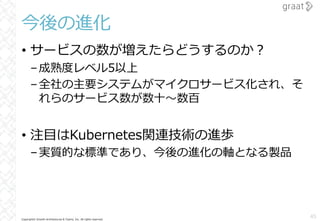 Copyright© Growth Architectures & Teams, Inc. All rights reserved.
• サービスの数が増えたらどうするのか︖
–成熟度レベル5以上
–全社の主要システムがマイクロサービス化され、そ
れらのサービス数が数⼗〜数百
• 注⽬はKubernetes関連技術の進歩
–実質的な標準であり、今後の進化の軸となる製品
今後の進化
45
 