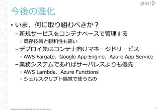 Copyright© Growth Architectures & Teams, Inc. All rights reserved.
今後の進化
• いま、何に取り組むべきか︖
–新規サービスをコンテナベースで管理する
» 既存技術と親和性も⾼い
–デプロイ先はコンテナ向けマネージドサービス
» AWS Fargate、Google App Engine、Azure App Service
–業務システムであればサーバレスよりも優先
» AWS Lambda、Azure Functions
» シェルスクリプト感覚で使うもの
50
 