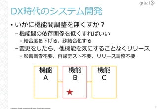 Copyright© Growth Architectures & Teams, Inc. All rights reserved.
• いかに機能間調整を無くすか︖
–機能間の依存関係を低くすればいい
» 結合度を下げる、疎結合化する
–変更をしたら、他機能を気にすることなくリリース
» 影響調査不要、再帰テスト不要、リリース調整不要
DX時代のシステム開発
8
機能
A
機能
B
機能
C
 