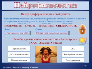 Центр профориентации «Твой успех»
 Цель проекта: реализация инновационных решений в области психокогнитивного
 тестирования и интеллектуального анализа биоэлектрических данных.
                90-ые гг. 20 В.        Начало 21 Века      20-ые гг. 21 Века

 ЭКОНОМИСТЫ                 ЮРИСТЫ    ИНЖЕНЕРЫ          СПЕЦИАЛИСТЫ
  Бренд                           Слоган
  «Your success» или «YS»         Сделай свой выбор уже сегодня

           Лечебно-диагностическая система «Антистресс»
                      (AAS - AssistantAtStress)
          Нервная система                                                 ССС

       Дыхательная система                                  Эндокринная система

          Пищеварительная                                        Репродуктивная

                                                                                  8 / 20
Докладчик: Тычков Александр Юрьевич
 