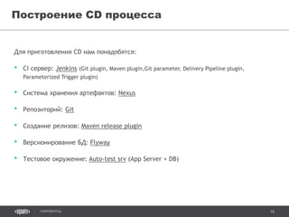 10CONFIDENTIAL
Для приготовления CD нам понадобятся:
• CI сервер: Jenkins (Git plugin, Maven plugin,Git parameter, Delivery Pipeline plugin,
Parameterized Trigger plugin)
• Система хранения артефактов: Nexus
• Репозиторий: Git
• Создание релизов: Maven release plugin
• Версионирование БД: Flyway
• Тестовое окружение: Auto-test srv (App Server + DB)
Построение CD процесса
 