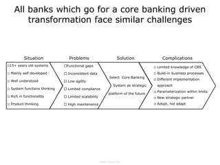 All banks which go for a core banking driven
          transformation face similar challenges



            Situation              Problems                        Solution                  Complications
15+    years old systems       Functional gaps                                         Limited knowledge of CBS
   Mainly self developed        Inconsistent data                                      Build-in business processes
                                                              Select Core Banking
    Well understood                                                                      Different implementation
                                Low agility
                                                                System as strategic       approach
   System functions thinking    Limited compliance
                                                                                         Parameterization within limits
                                                             platform of the future
   Rich in functionality        Limited scalability                                    New strategic partner
   Product thinking             High maintenance                                       Adopt, not adapt




                                                        www.imacor.de
 