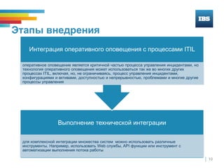 10
Этапы внедрения
Выполнение технической интеграции
для комплексной интеграции множества систем можно использовать различные
инструменты. Например, использовать Web службы, API функции или инструмент с
автоматизации выполнения потока работы
Интеграция оперативного оповещения с процессами ITIL
оперативное оповещение является критичной частью процесса управления инцидентами, но
технология оперативного оповещения может использоваться так же во многих других
процессах ITIL, включая, но, не ограничиваясь, процесс управления инцидентами,
конфигурациями и активами, доступностью и непрерывностью, проблемами и многие другие
процессы управления
 