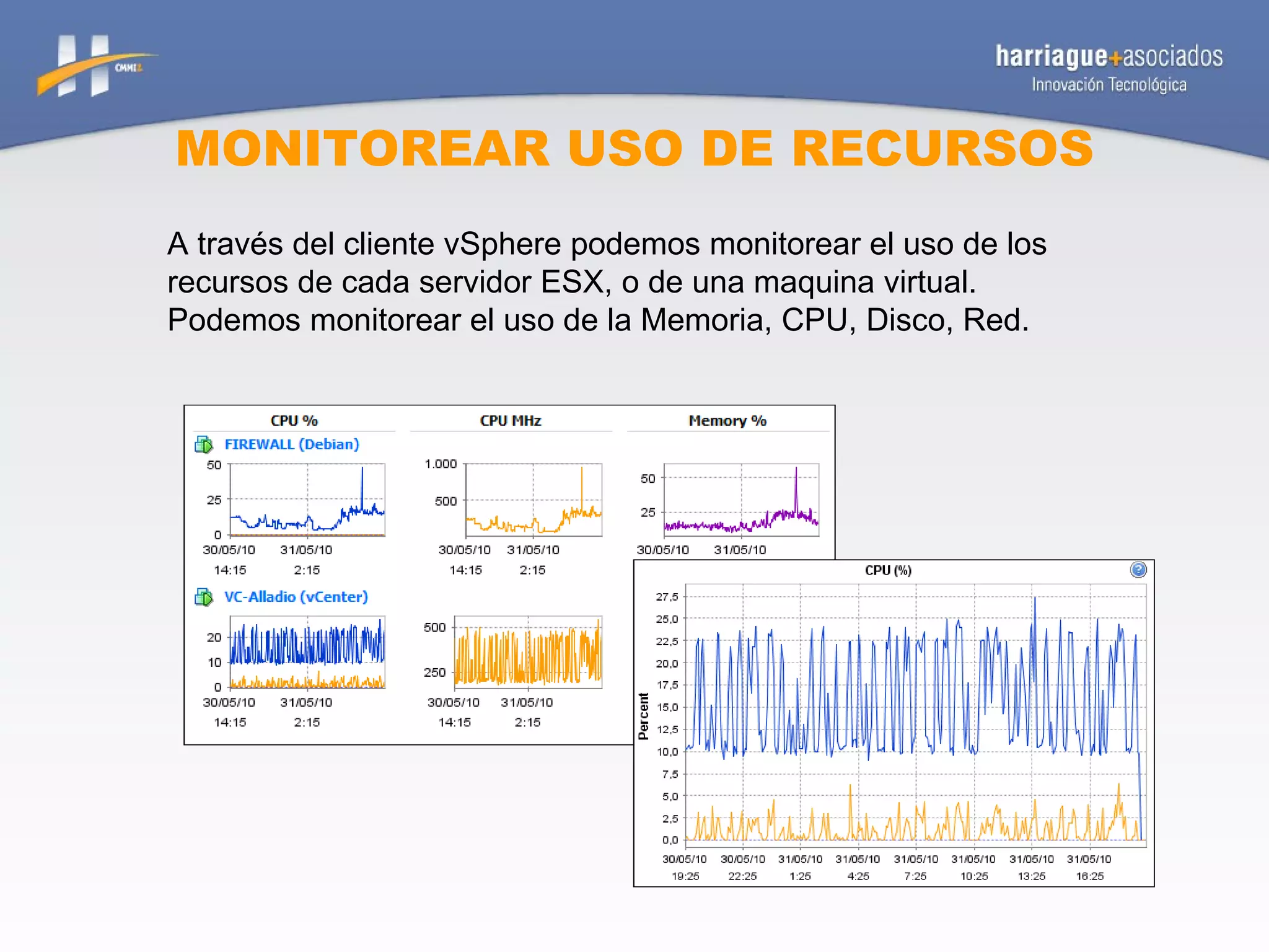 MONITOREAR USO DE RECURSOS A través del cliente vSphere podemos monitorear el uso de los recursos de cada servidor ESX, o de una maquina virtual. Podemos monitorear el uso de la Memoria, CPU, Disco, Red. 